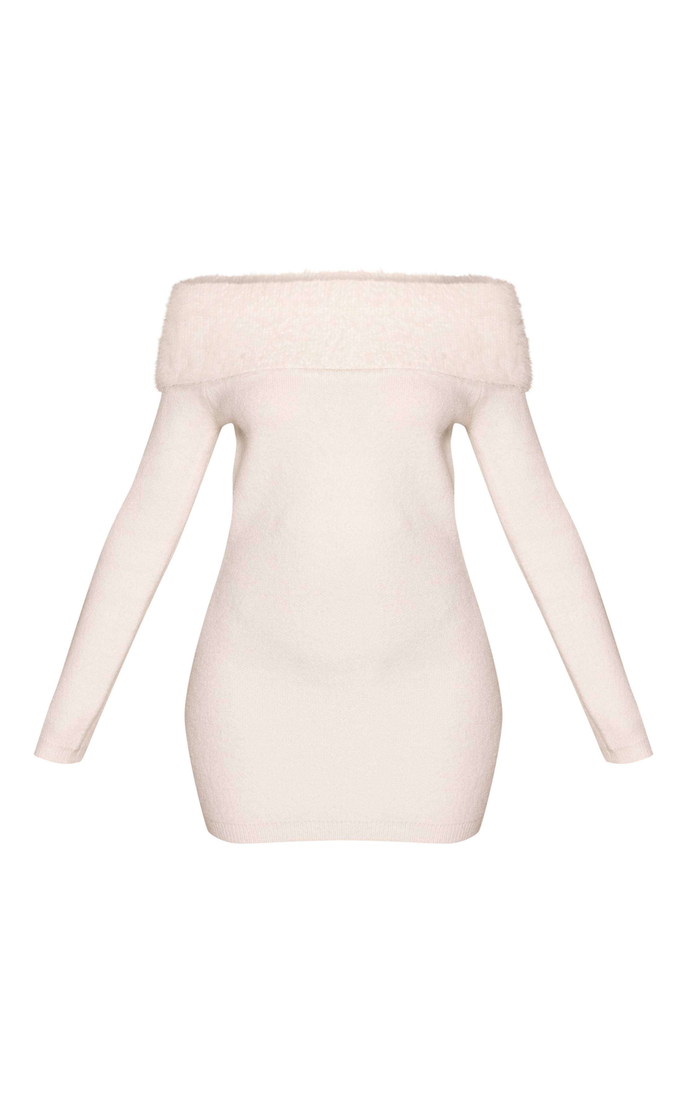 Crème Robe Mini Moulante Épaules Dénudées En Maille Duveteuse Petite