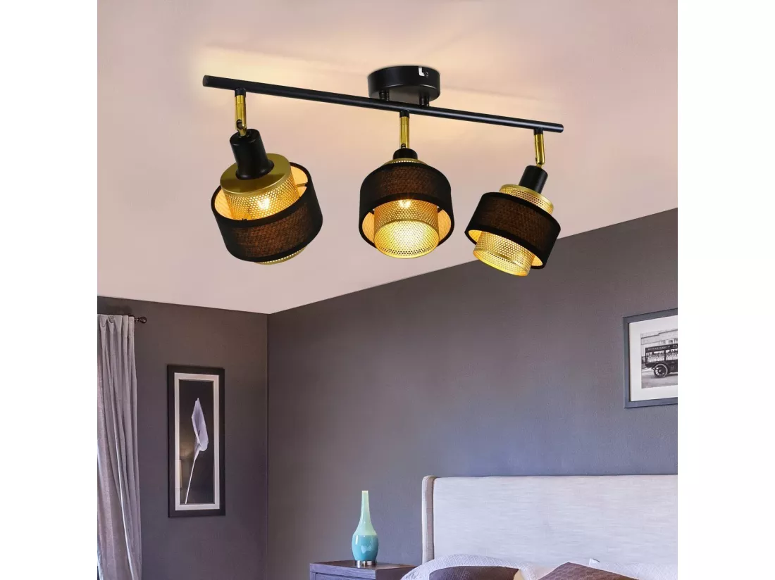 NETTLIFE 3 spots plafonnier E14 noir vintage avec flamme rétro chambre en métal doré orientables industriel pour cuisine couloir salle à manger