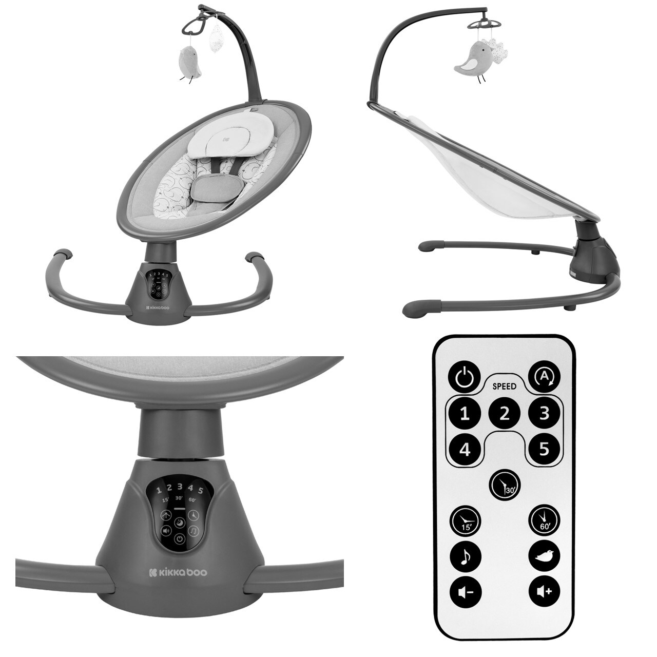Kikkaboo elektrische Babywippe Twiddle, Schaukelfunktion, Fernbedienung, Timer grau hellgrau