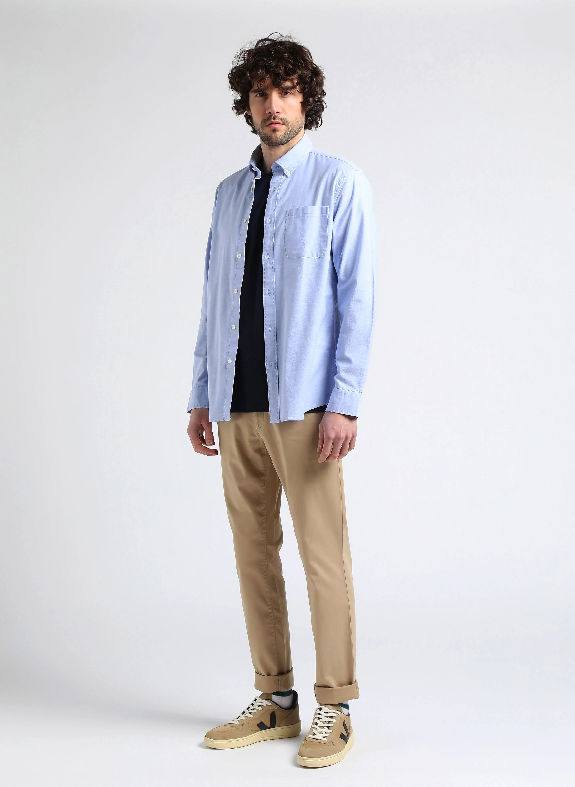 Chemise col américain en coton mélangé| Bleu