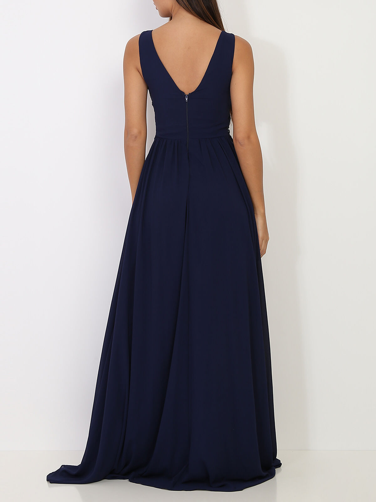 Robe longue à buste drapé et dentelle- Bleu marine