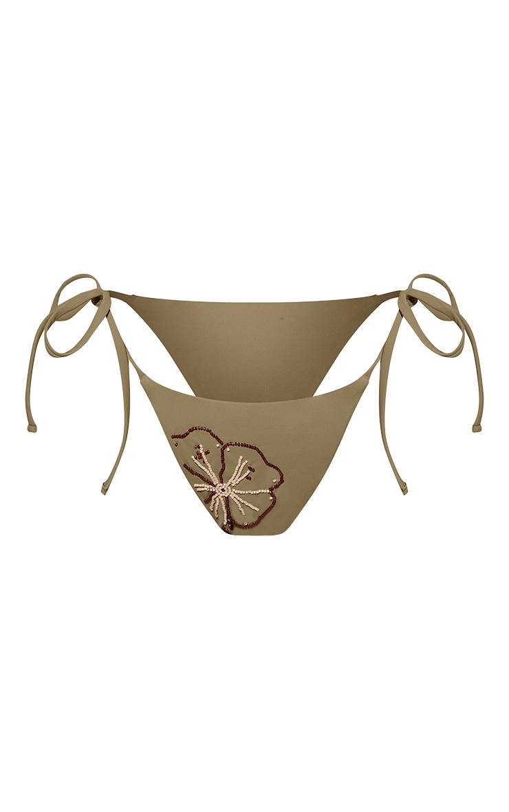 Vert Olive Bas De Bikini À Liens Latéraux À Motif Hibiscus Perlé