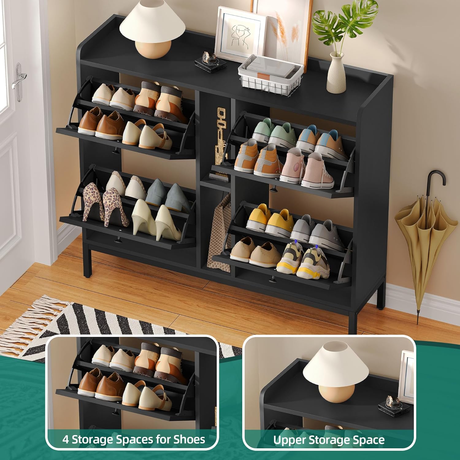 YITAHOME Schuhschrank Schmal mit 4 Klappen, 108 x 27.5 x 95.5 cm für 16 Paar Schuhe mit 2 Offene Regale, Schuhschrank Schwarz, Schuhkipper, Schrank Flur Schuhkommode im Flur, Platzsparend