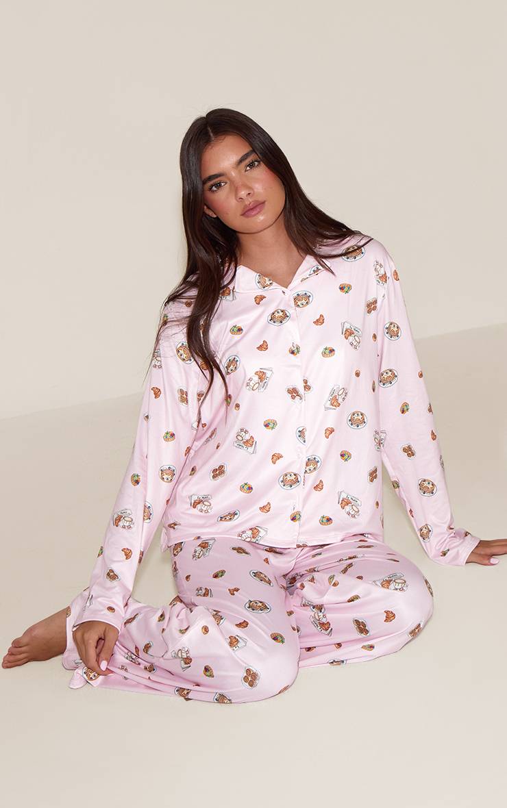 Rose Poudré Ensemble De Pyjama Imprimé À Manches Longues Avec Boutonnage