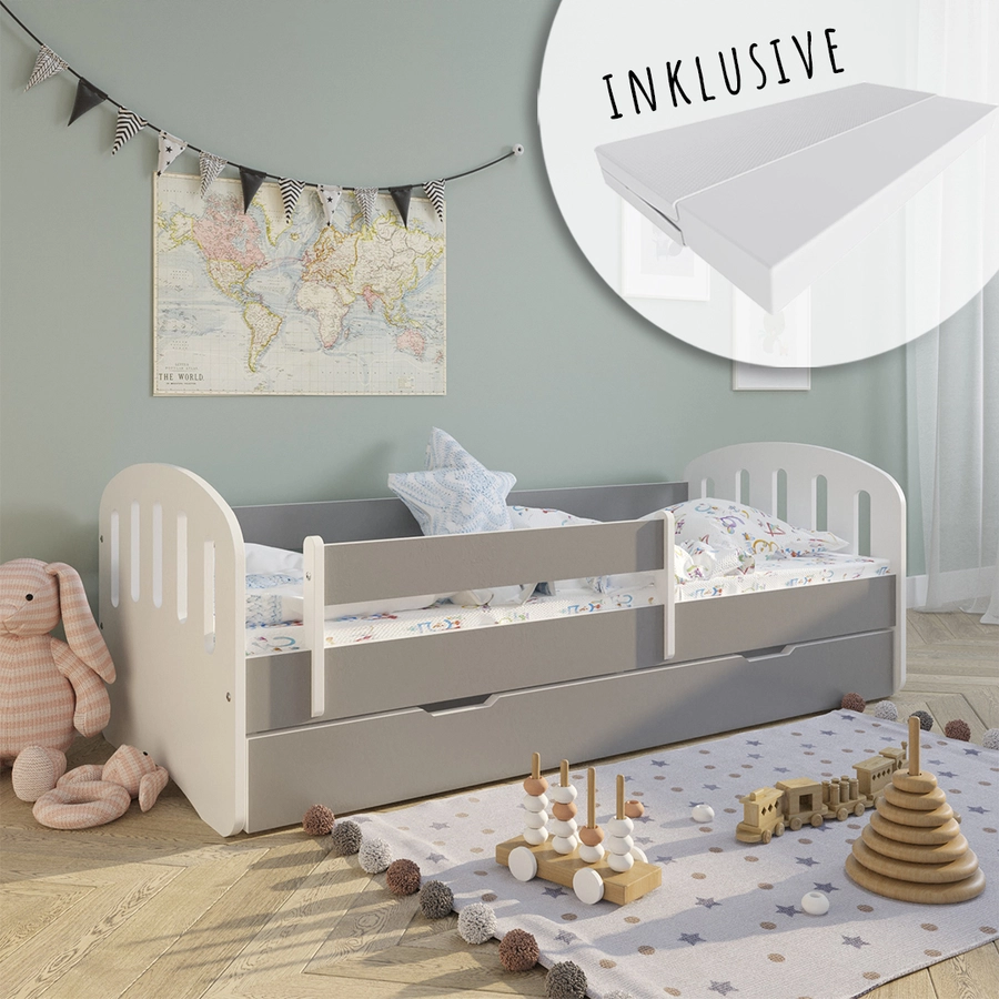 Kids Collective Kinderbett 80x160 | 80x180 mit Matratze, Rausfallschutz & Lattenrost grau mit Schublade