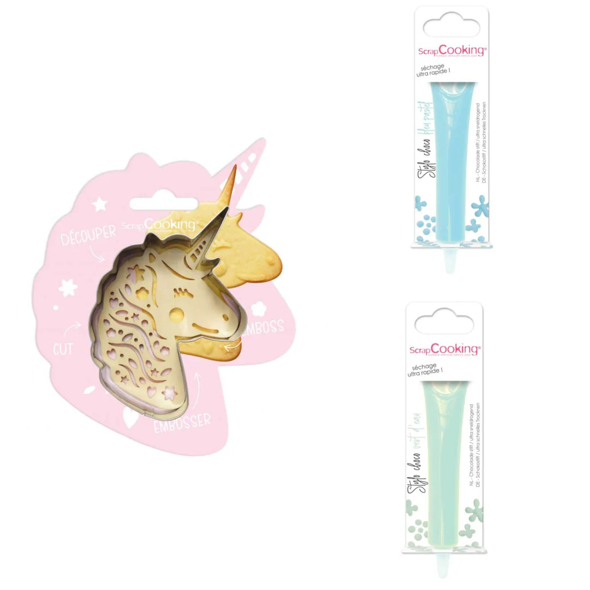 Kit pour biscuit en relief Licorne + 2 Stylos au chocolat bleu pastel