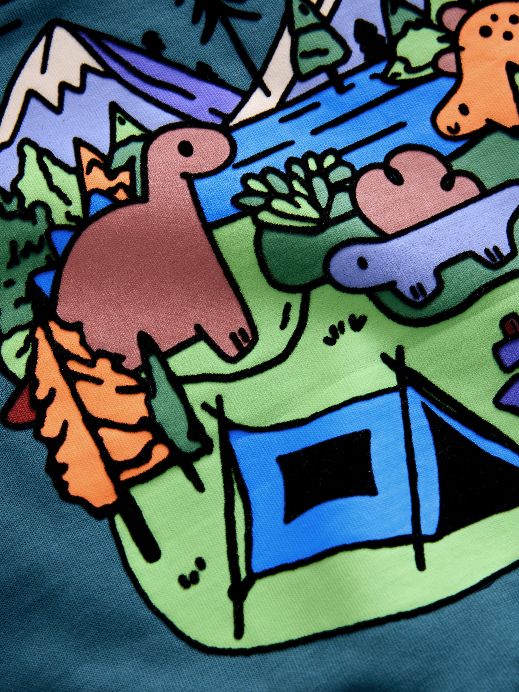 Blauw met dinosaurus - Jersey sweatshirt met ronde hals en print op de rug (3mnd -7jr)