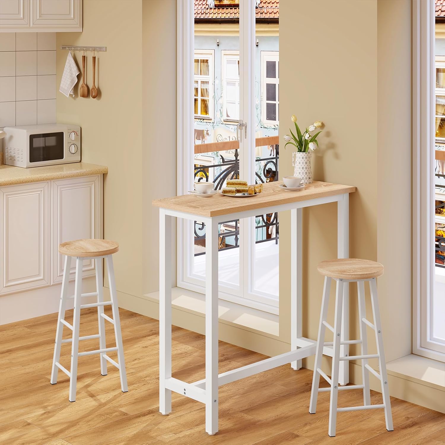 WOLTU Bartisch Set mit 2 Barhockern, 3-teilige Essgruppe mit Küchenstühlen, Esstisch & 2 Hockern aus Metall & Holz für Küchen Wohnzimmer, Hell Eiche