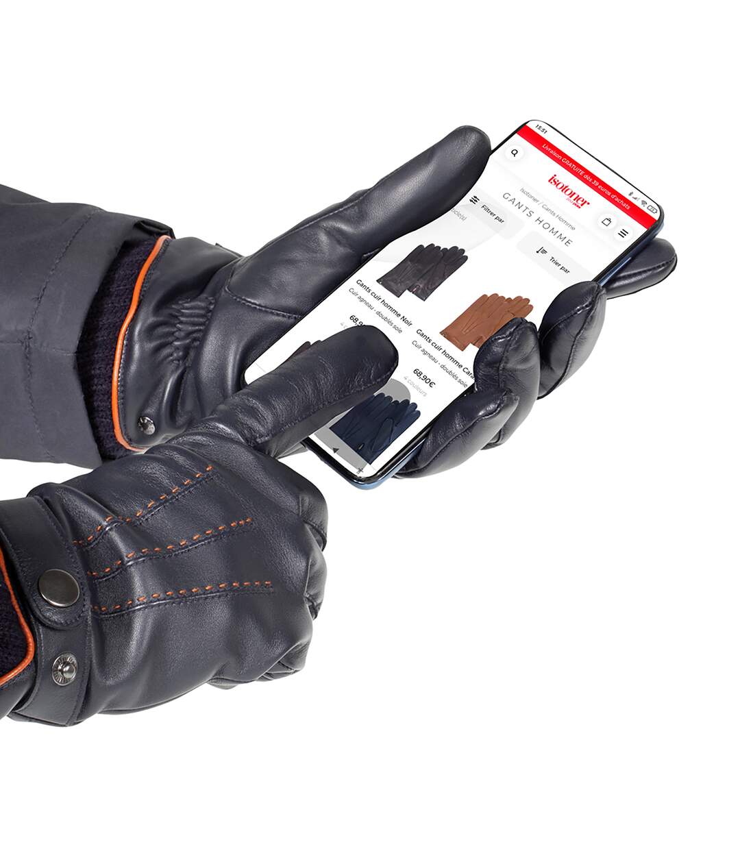 Isotoner Gants homme tactiles en cuir de chèvre pleine fleur - doublés polaire