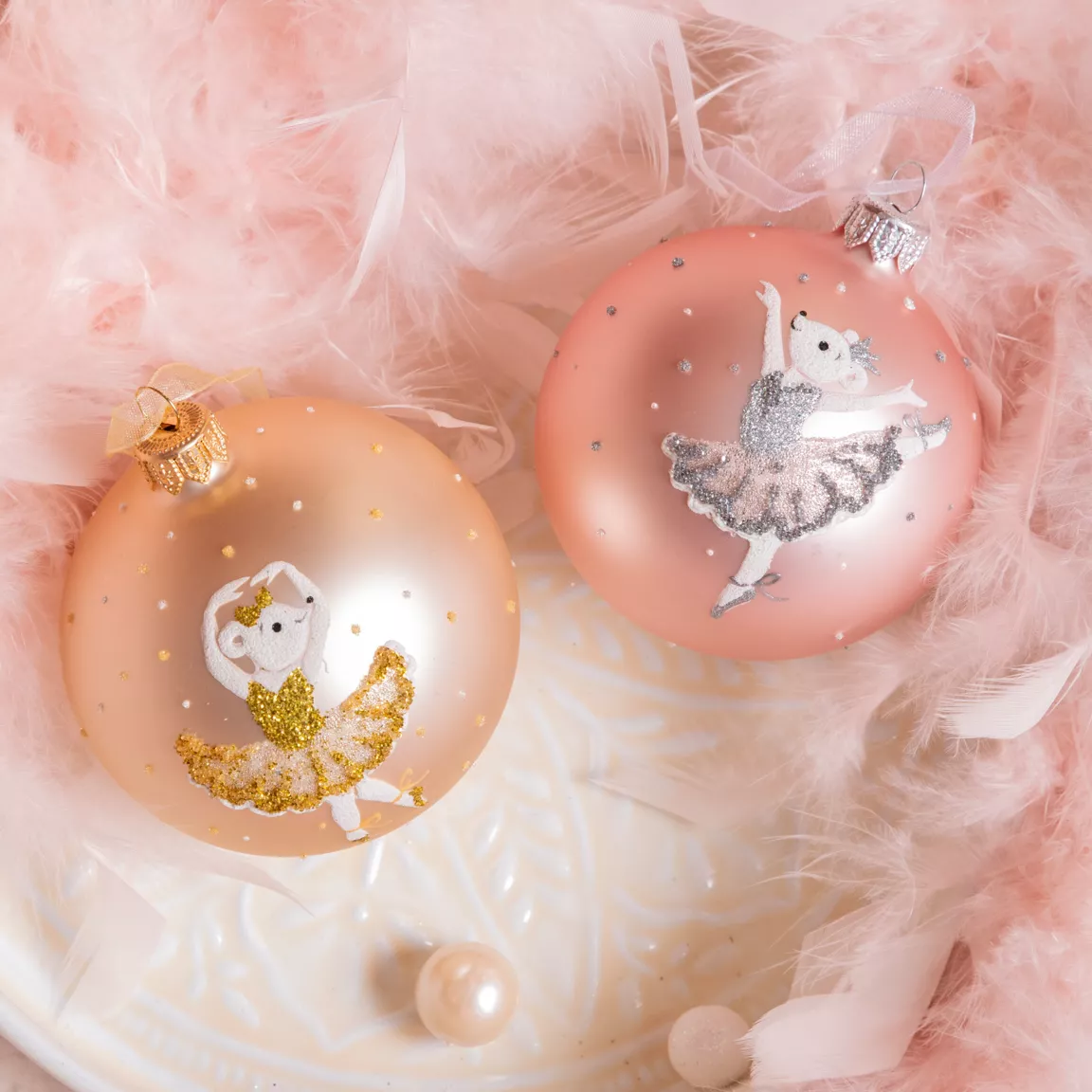 Lot de 6 boules de Noël en verre (D80 mm) Ballerines Rose et perle