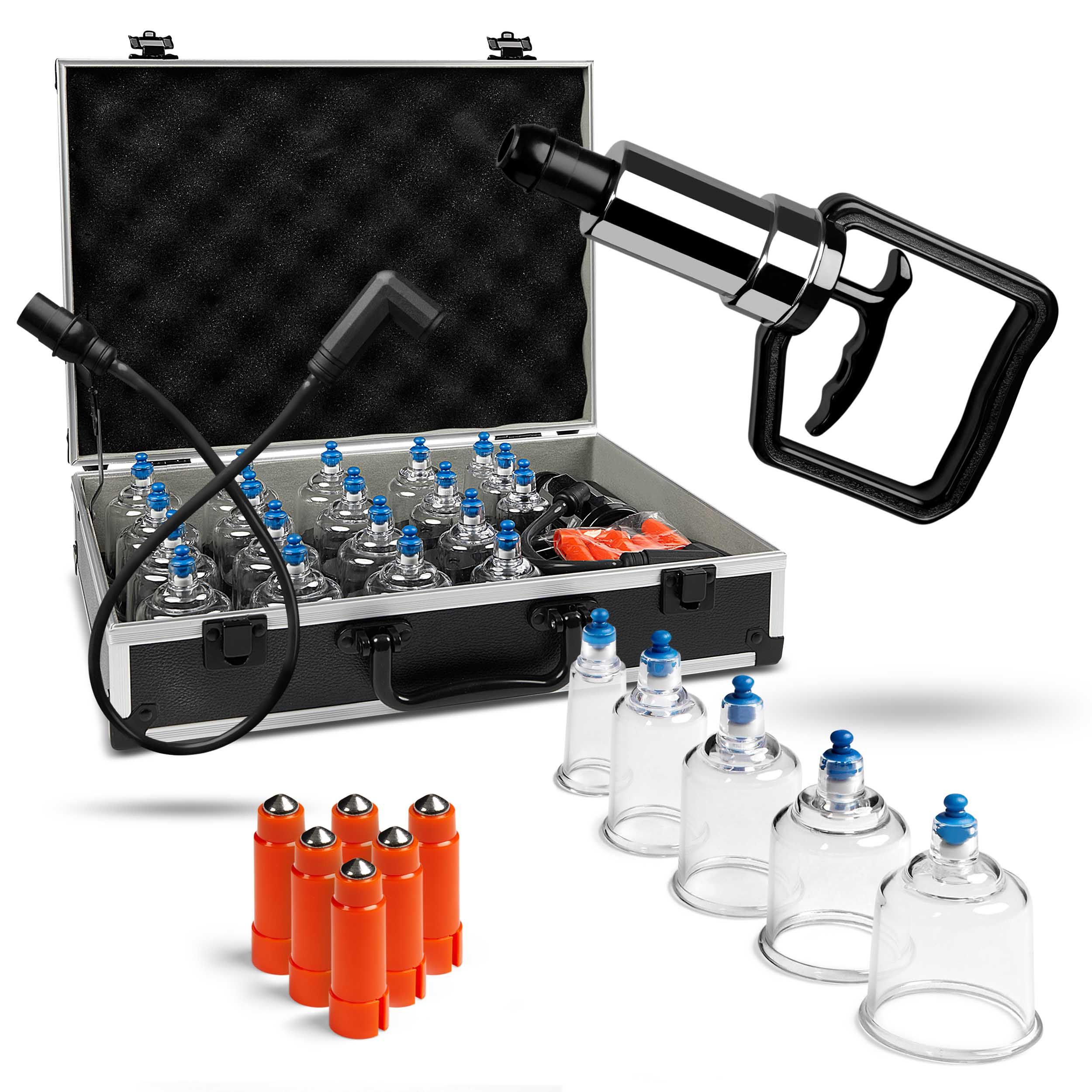 Pulox Schröpfgläser Koffer-Set - 19 Stk. im Aluminium-Koffer mit Vakuum-Pumpe