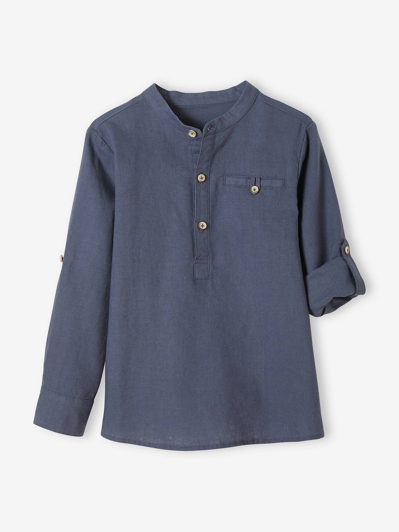 Camisa infantil de linho/algodão com gola mandarim, mangas compridas, cor azul-marinho lisa.