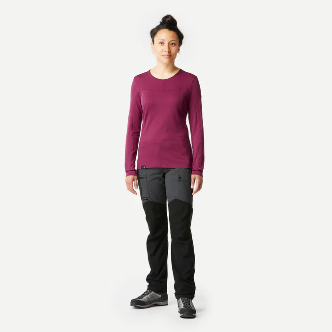 Decathlon Forclaz - Camiseta feminina de manga comprida Forclaz MT500 em lã merino - BORDÔ