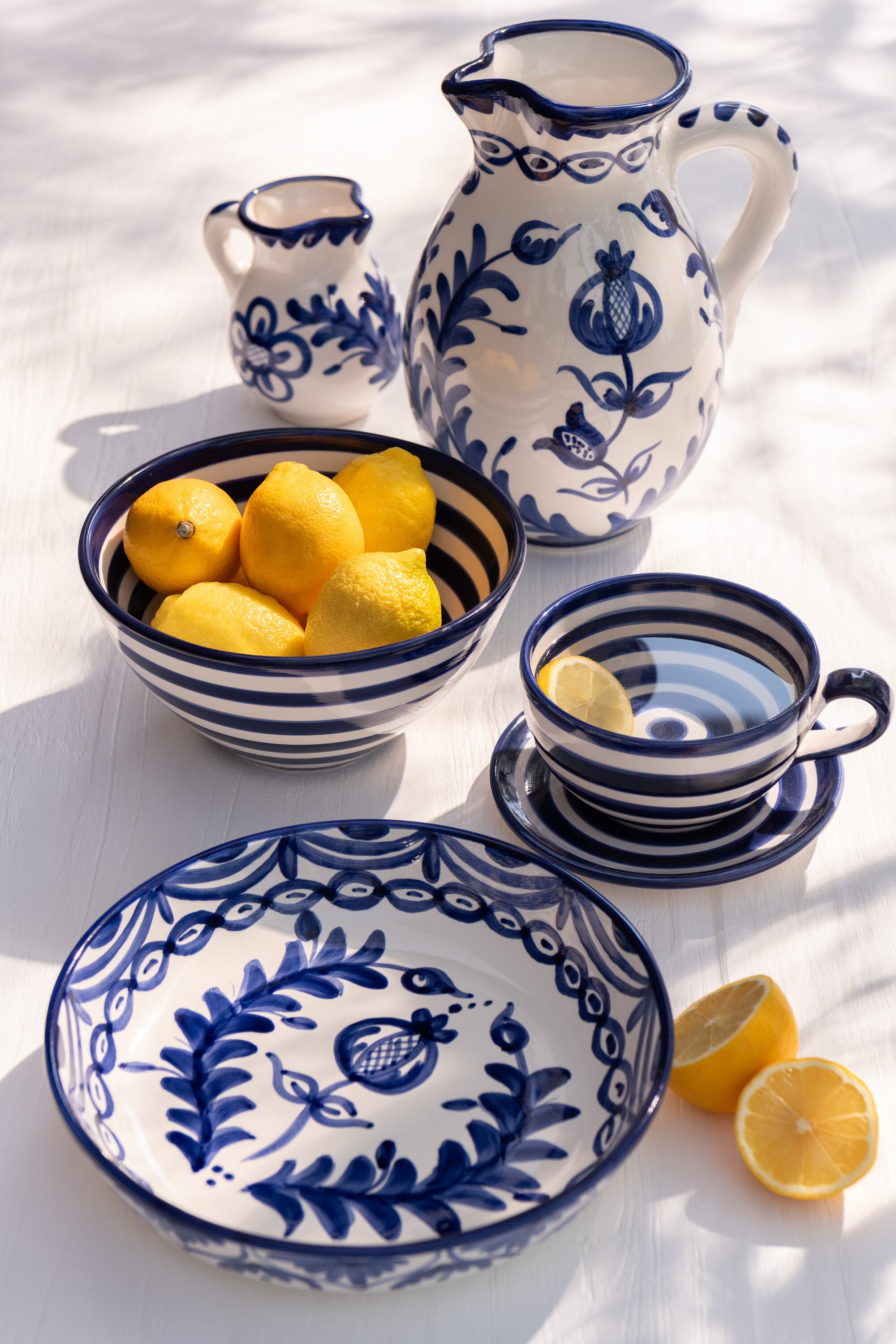 J-Line kom Granada Stripes High  - keramiek - wit|blauw - me