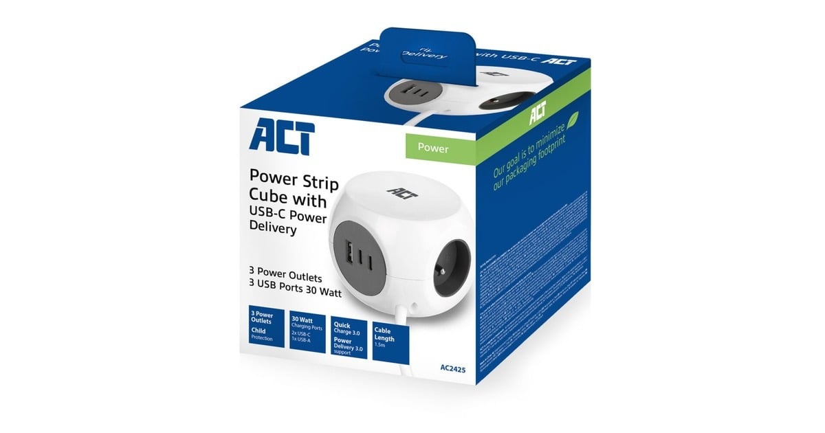 ACT ConnectivityStekkerdoos kubus met 3 stopcontacten, 30W Power Delivery USB-C/A poorten, kabellengte 1,5m stekkerdoos  (Wit, Type E)