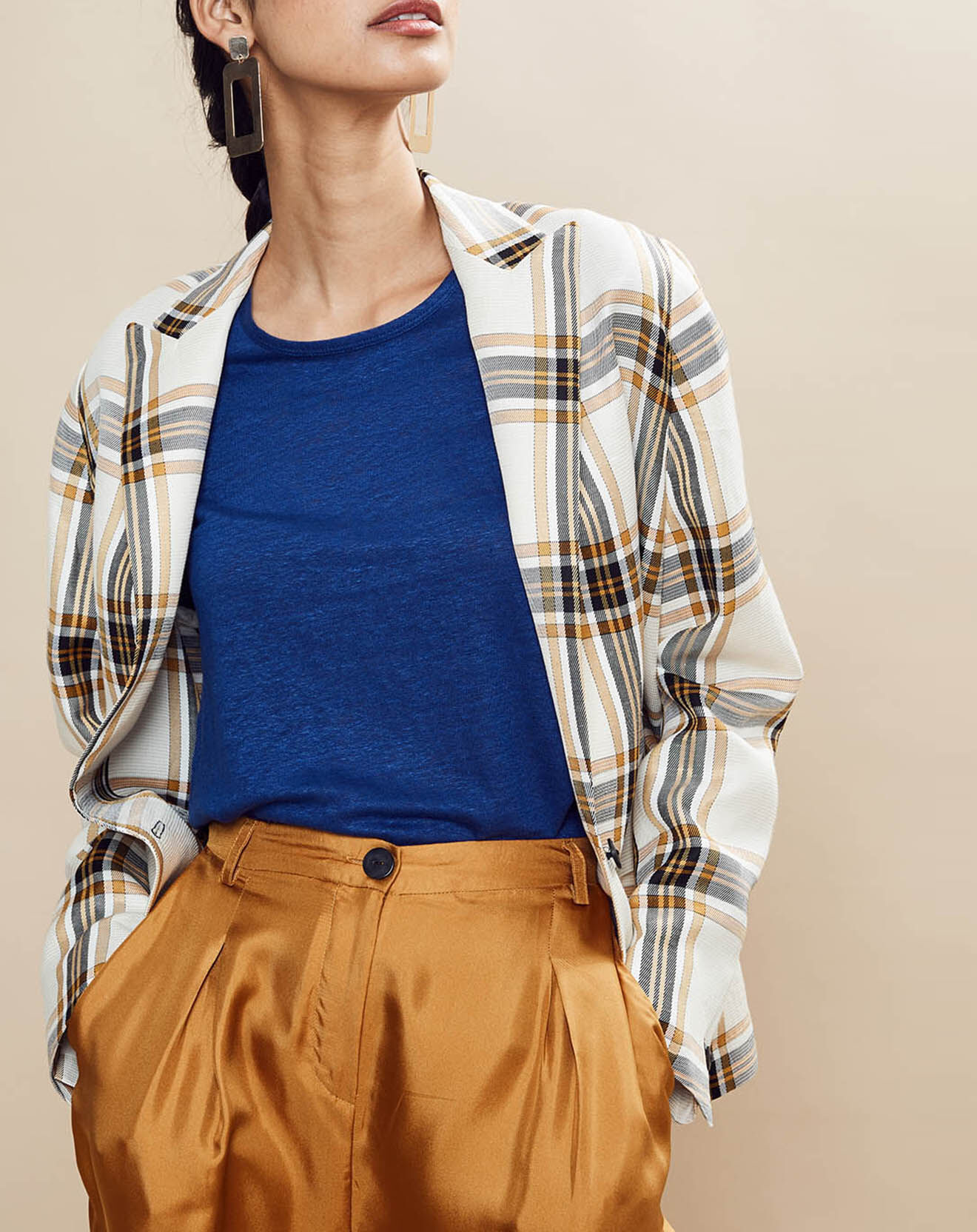 Chloé Stora Veste en Lin mélangé Valerio à carreaux écrue