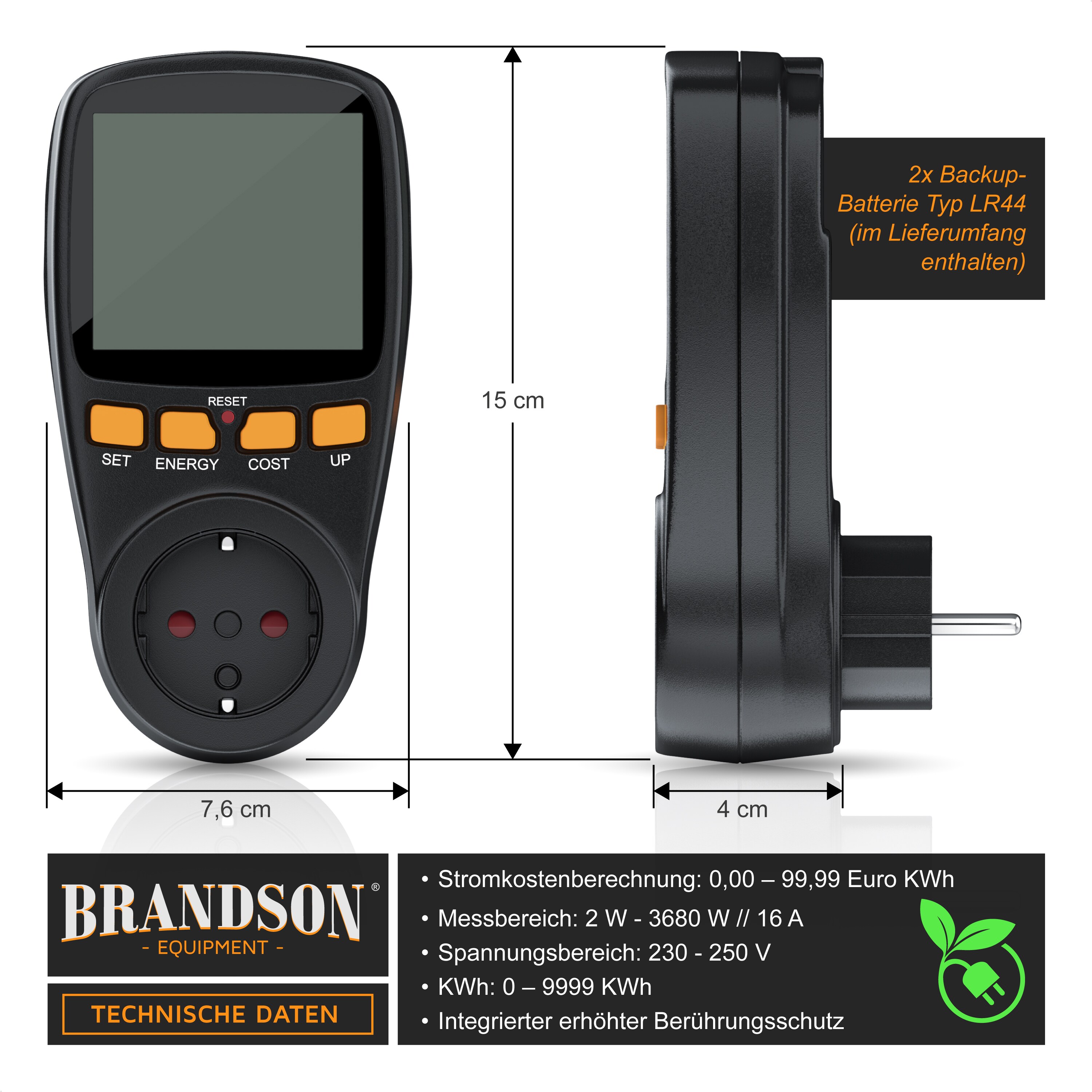 Brandson - digitales Energiekostenmessgerät - Strommessgerät, Energiekosten Anzeige - Stromzähler Steckdose - 3680W - Energiemessgerät