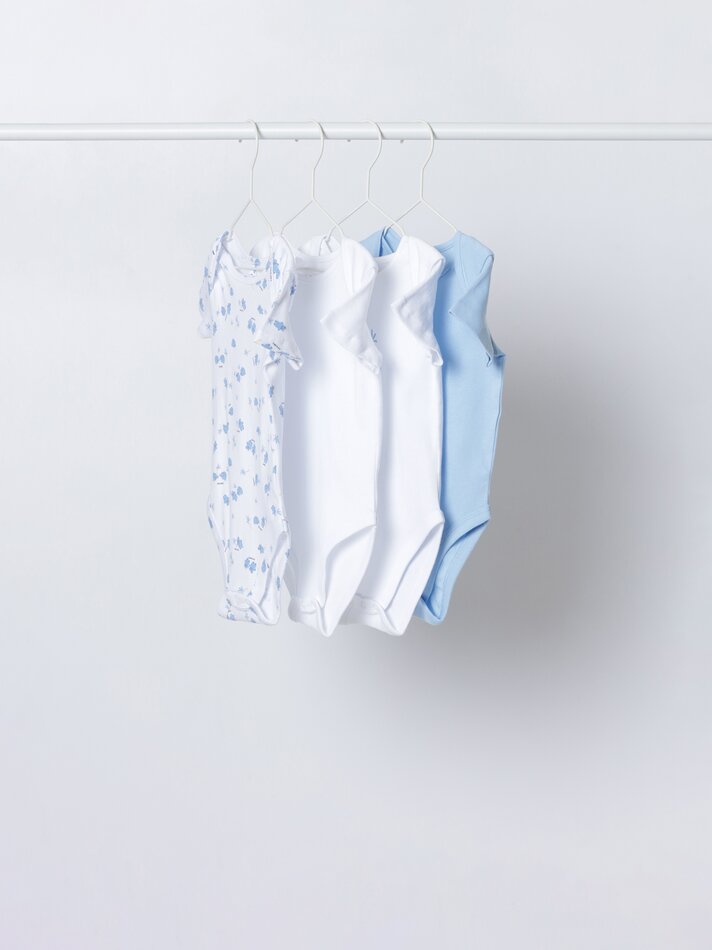 Conjunto de 4 bodies de manga curta combinando - Azul Índigo Lavado