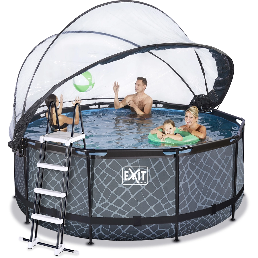 EXIT Stone Pool ø360x122cm mit Abdeckung und Sandfilterpumpe, grau