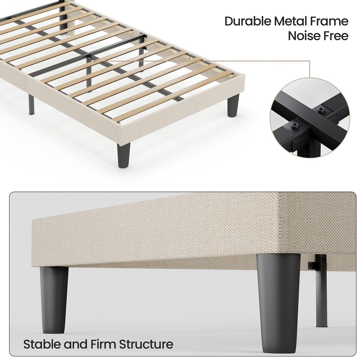 Bealife Polsterbett 120 x 200 cm mit Lattenrost – Stabiles Bettgestell aus Holz & Metall, Gepolstertes Doppelbett mit Kopfteil für Schlafzimmer & Jugendzimmer (Beige, 120 * 200cm)