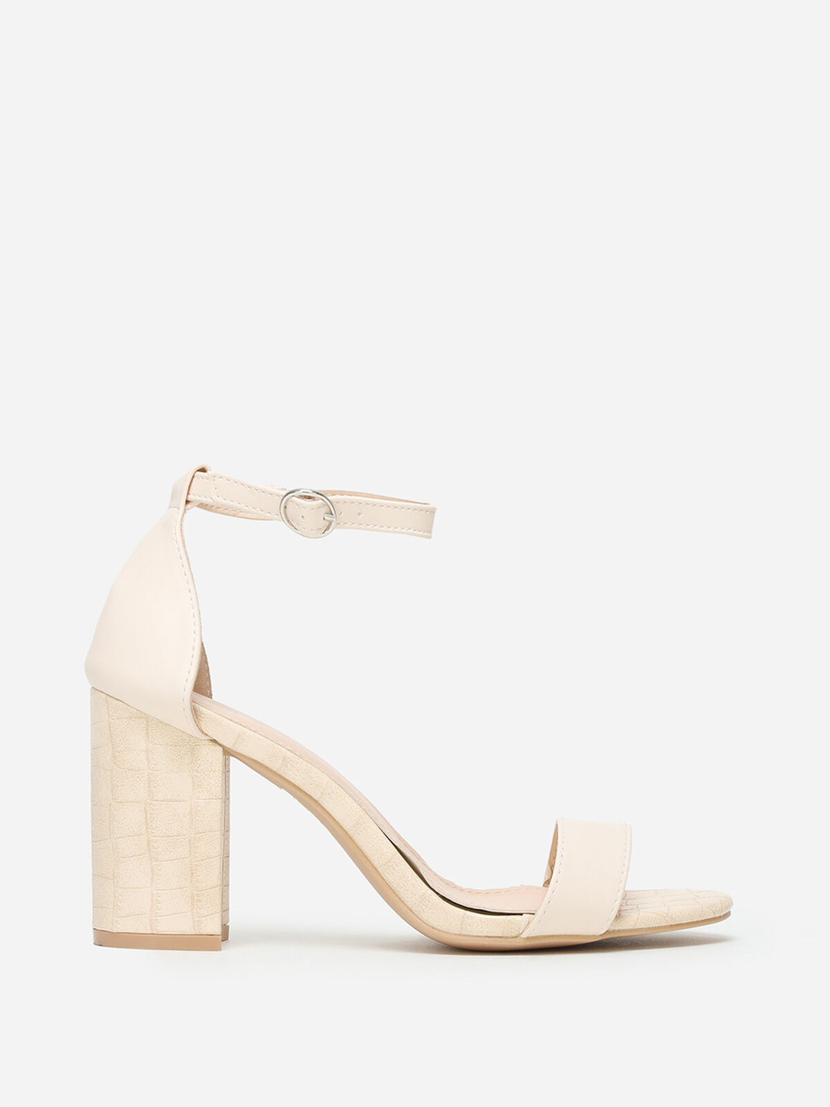 Sandales bi-matières à talon carré- Beige