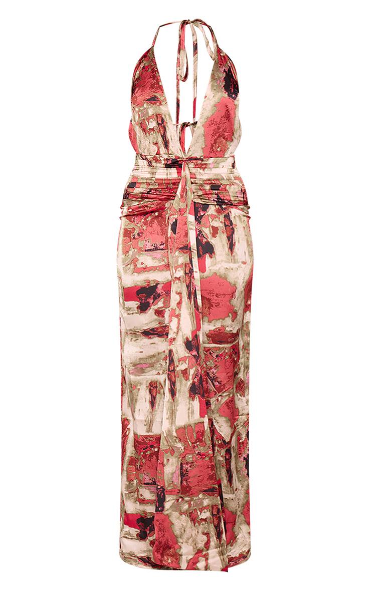 Crème Robe Longue Drapée À Imprimé Abstrait Et Décolleté Plongeant