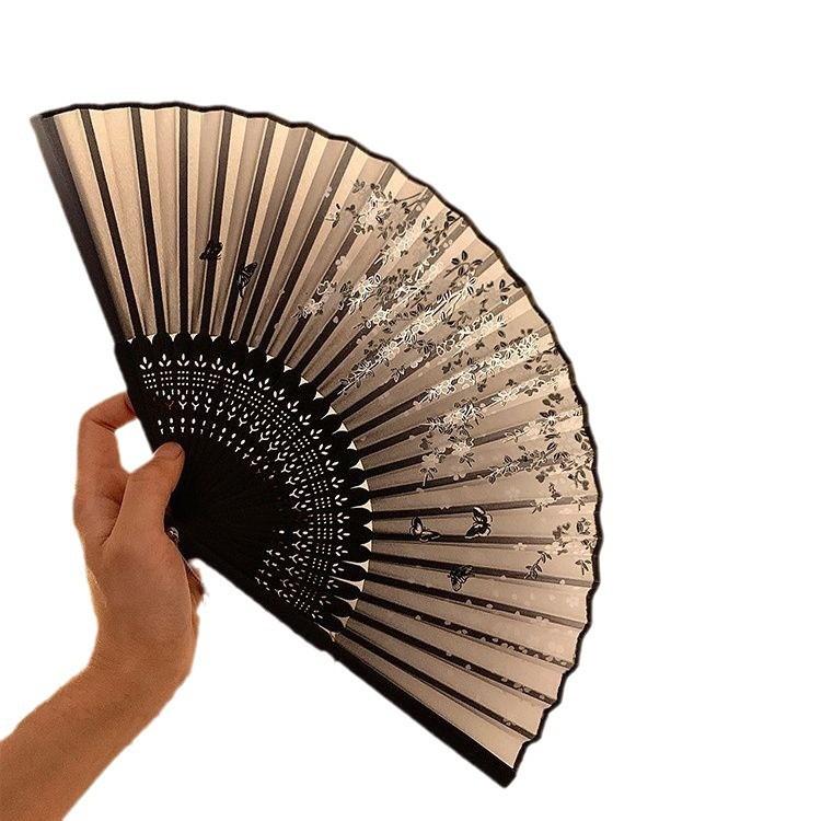 Bambus Fächer Faltbarer Handfächer Sommer Fan mit Quasten Anhänger Blumen - Schwarz / Weiss