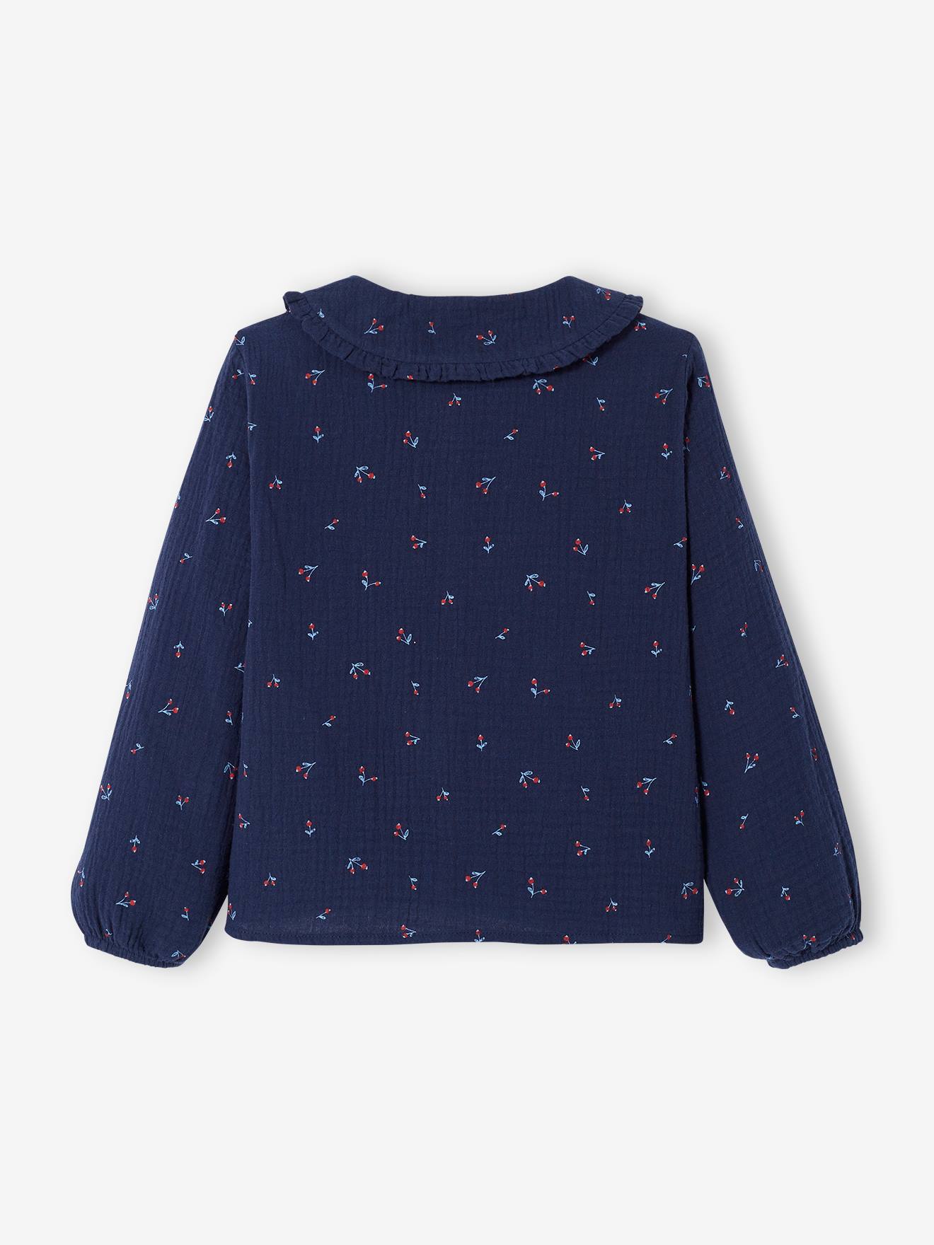 Blusa de chiffon de algodão com detalhes de babados e estampas, para meninas, tamanho médio, estampa branca.