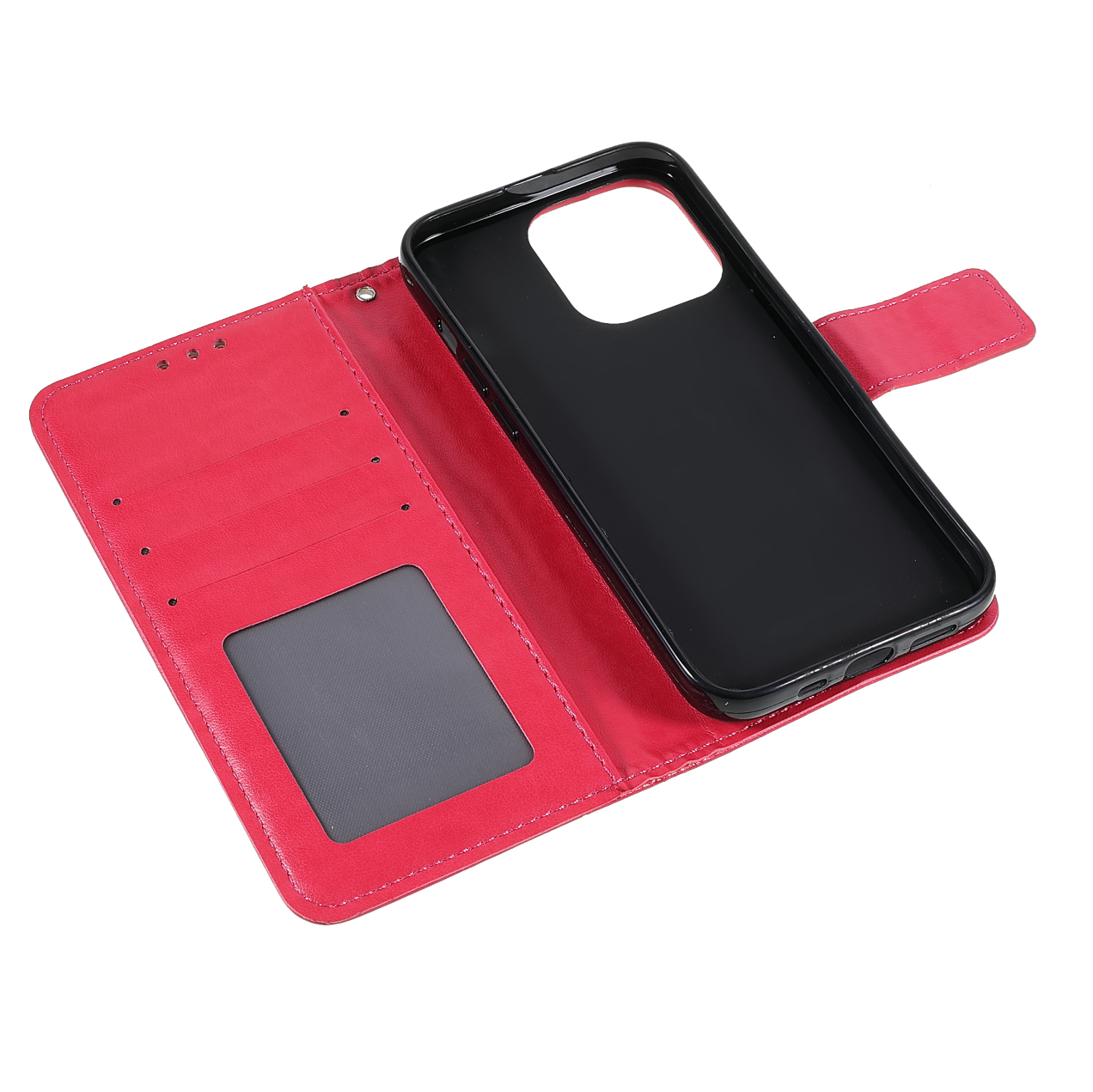 iPhone 13 Pro Leder Tasche Wallet - Mandala Flowers Imprint - Rot / Pink