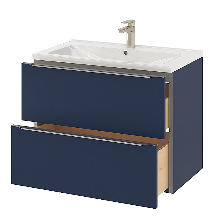 Ensemble salle de bains l.80 cm meuble à suspendre Imandra bleu nuit mat + plan vasque céramique blanc