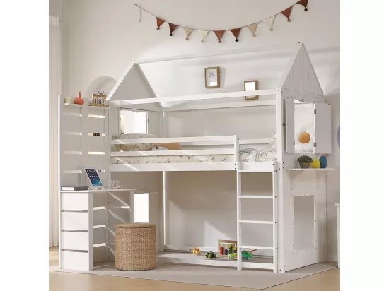 Lit superposé pour enfants 90x200 cm, avec protection contre les chutes et rails, table, étagères ouvertes, deux fenêtres, pin + MDF, blanc
