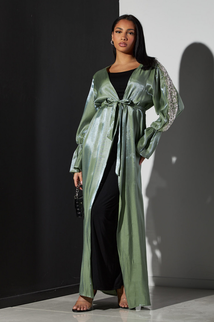 Kimono kaki ceinturé à perle satiné et brillant