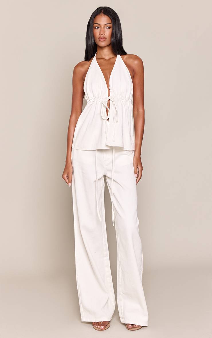 Blanc Haut En Denim Grand Col Licou Froncé Devant Liens Dos