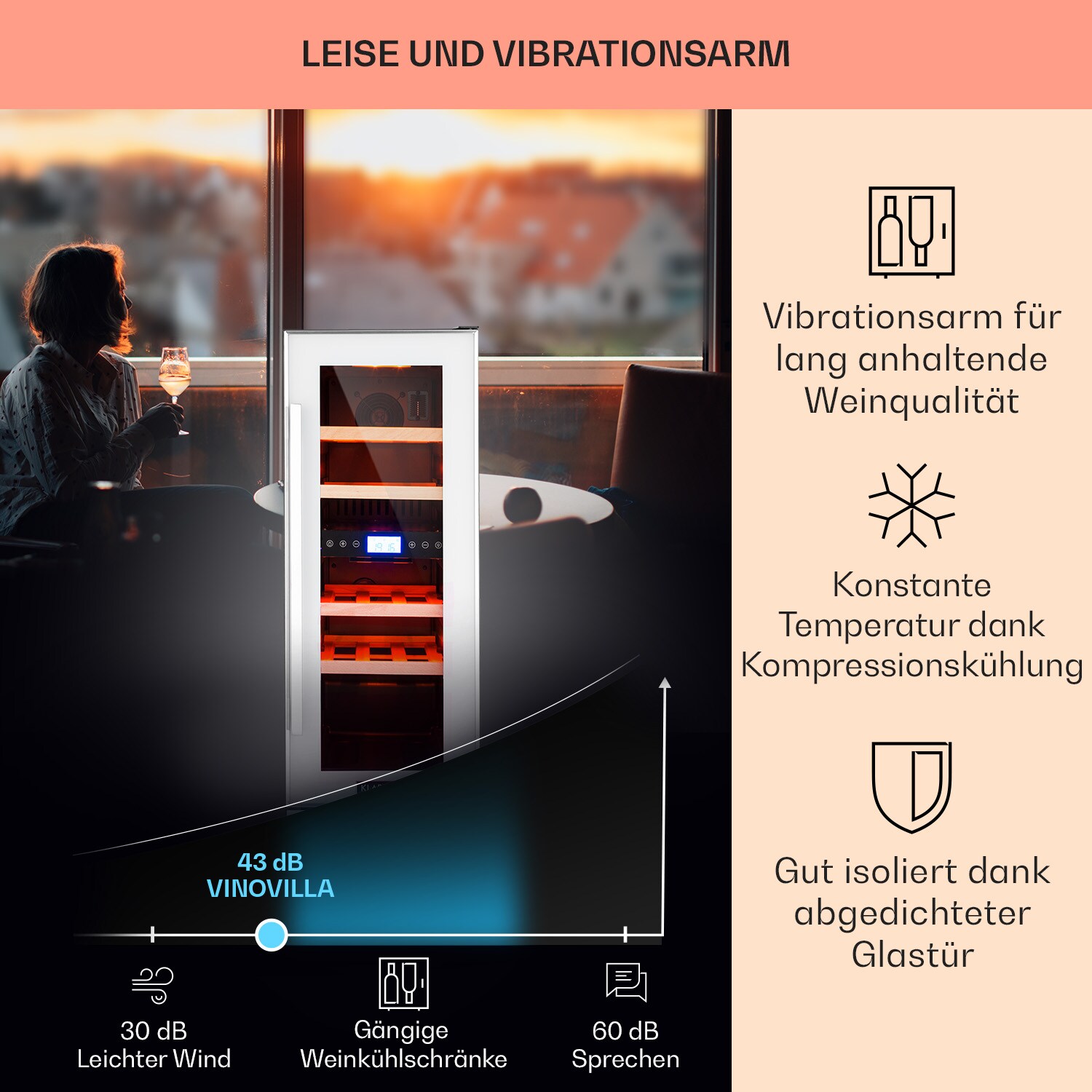 Vinovilla 17 Built-In Duo Zweizonen-Weinkühlschrank 53l 17 Fl. 3-Farben Glastür