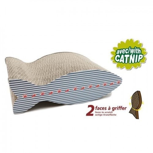 Tapete arranhador para gatos AIME em formato de peixe azul, feito de papelão.