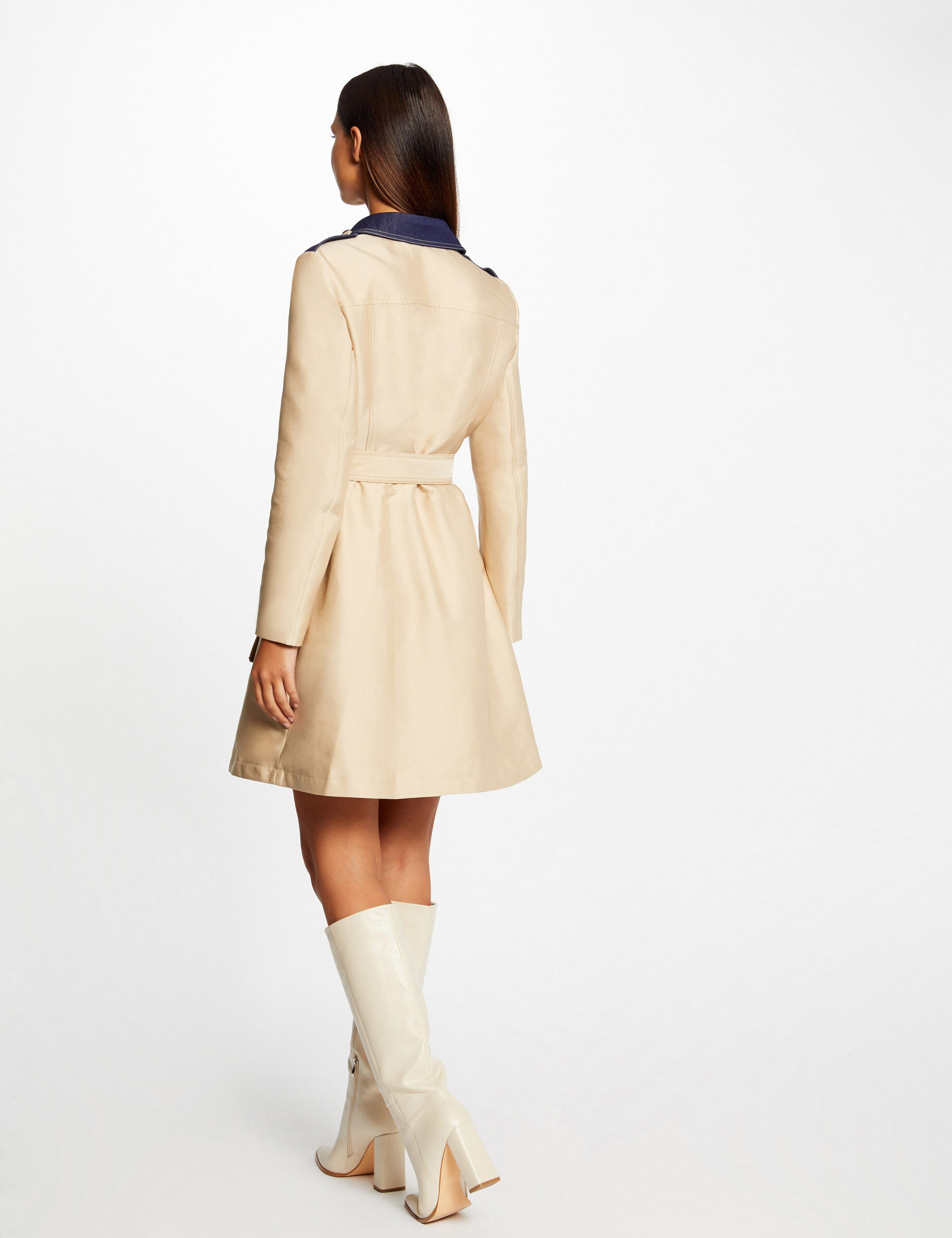 Trench long évasé ceinturé détails denim beige femme - beige