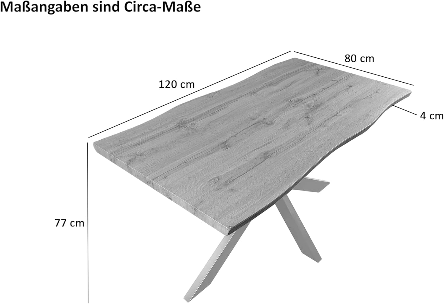 Esstisch 120x80 cm Holz 40mm Eiche-Optik, Spider Gestell weiß, Baumkantentisch aus Holz, Casa Massiva