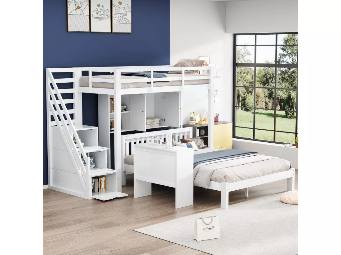 Lit superposé enfant 90x200 cm + 140x200 cm - avec escalier de rangement et bureau amovible - en Bois massif et MDF - Blanc