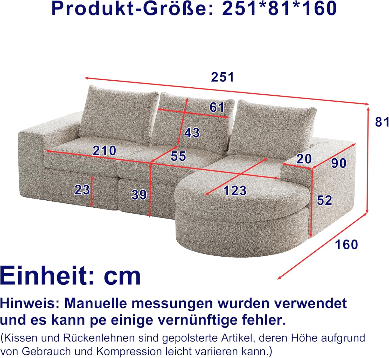 Modulares sofa,Chaiselongue,Chaiselongue sofa,Chenille-Sofa mit gebogenen Elementen und Liegestuhl, vollständig komprimiert und ohne Gestell, modulares Kombinationssofa L-Liegestuhl (Beige)