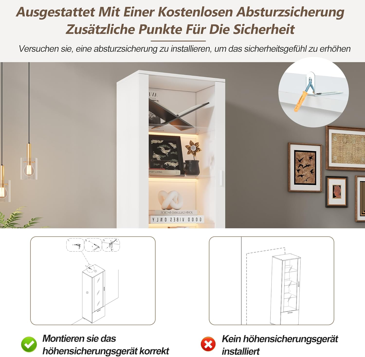 Merax Vitrinenschrank mit LED Beleuchtung, Glasvitrine mit 3 Fachböden, Schublade, Hochglanzvitrinen für Sammlerstücke, Bücherschrank mit Glastüren, für Wohnzimmer, Schlafzimmer, 50x40x160cm, Weiß