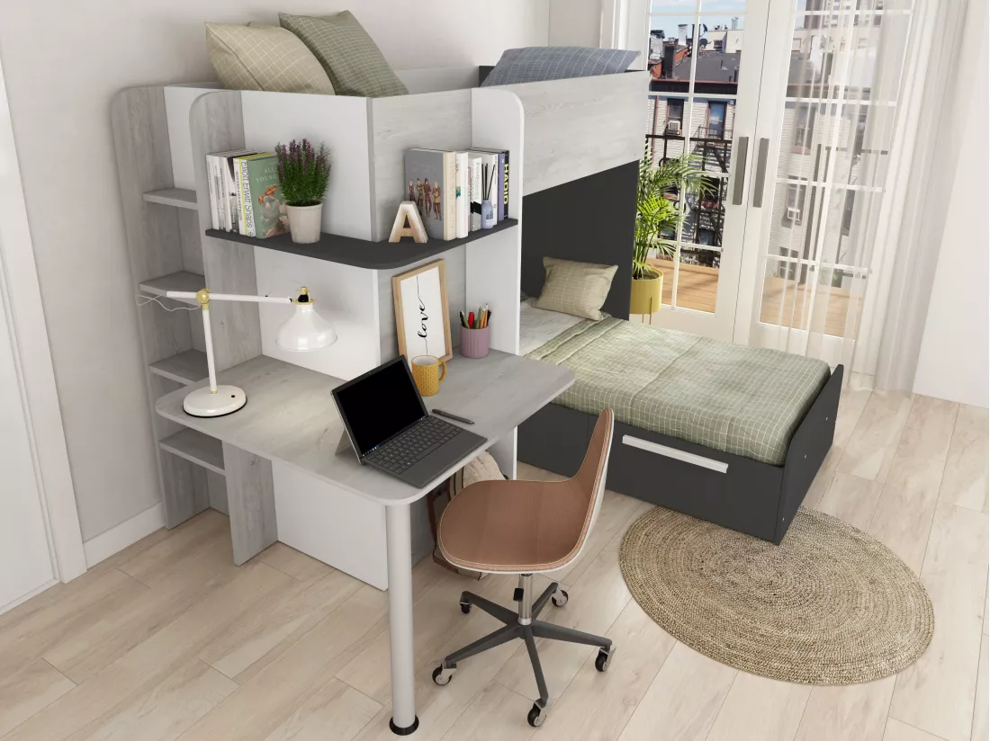 Lits superposés d'angle 2 x 90 x 190 cm - Avec bureau - Gris, blanc et noir - SAMUEL