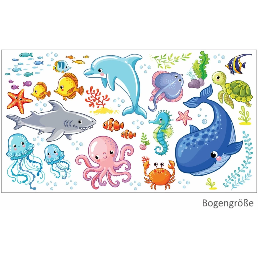 Nikima Wandtattoo 078 Wandtattoo Wasserwelten Kinderzimmer Wal Delfin Fische Hai Sticker bunt