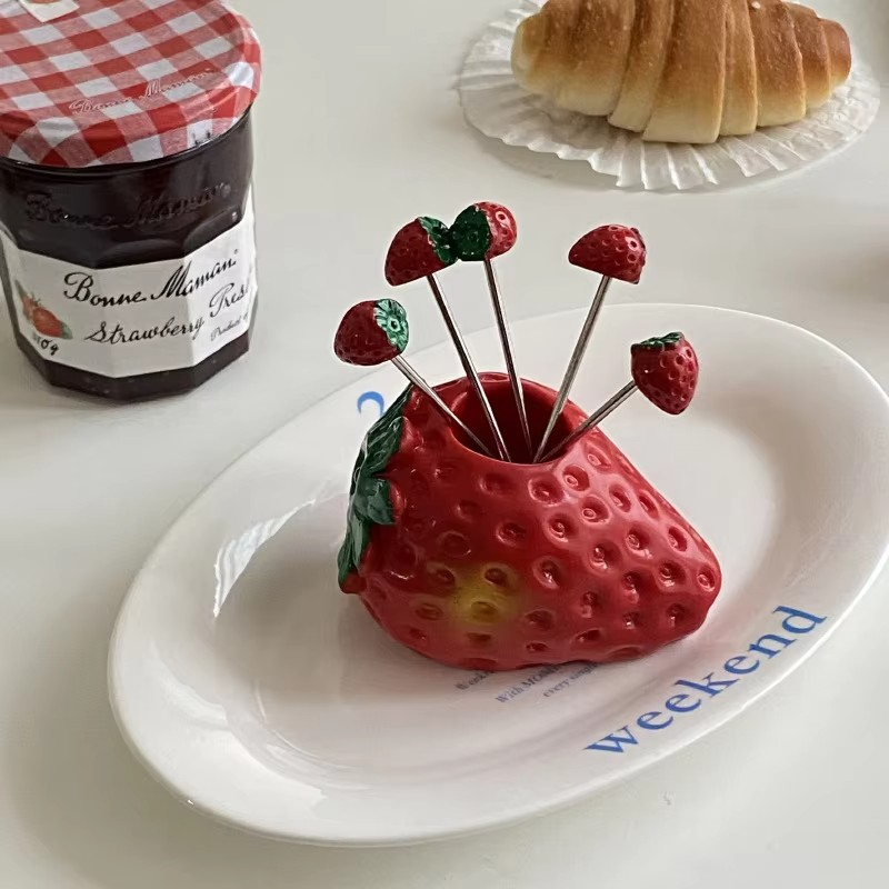 (11-tlg. Set) Cocktail Sticks Fingerfood Party Spiesse Deko Frucht Zahnstocher Schokoladen Fondue Picks inkl. Halterung - Erdbeere