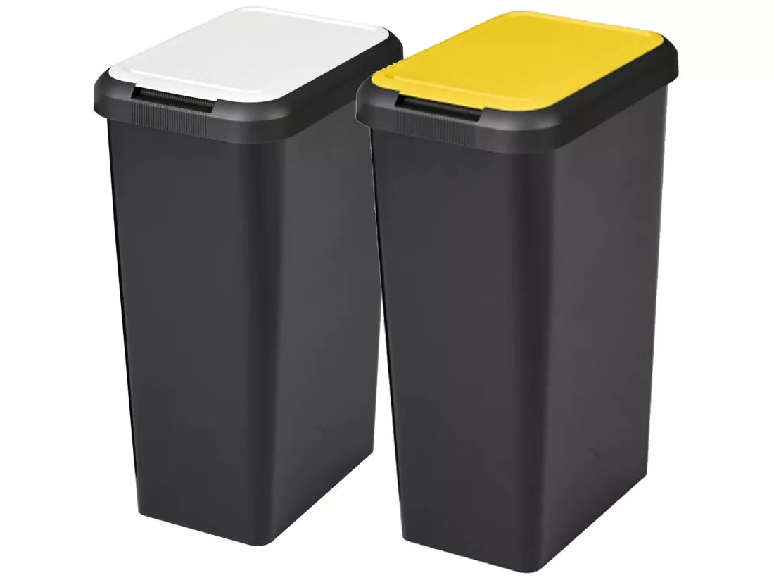 Réglez 2 bacs noirs Touch & Lift 90 litres avec couvercle jaune / blanc