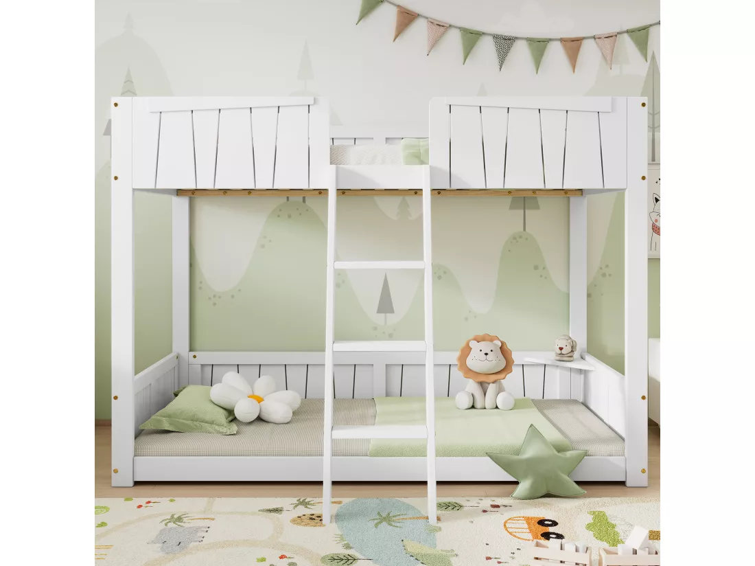 Lits superposés 2 x 90 x 200 cm avec échelle et barrières de sécurité - pin + MDF - blanc (sans matelas)