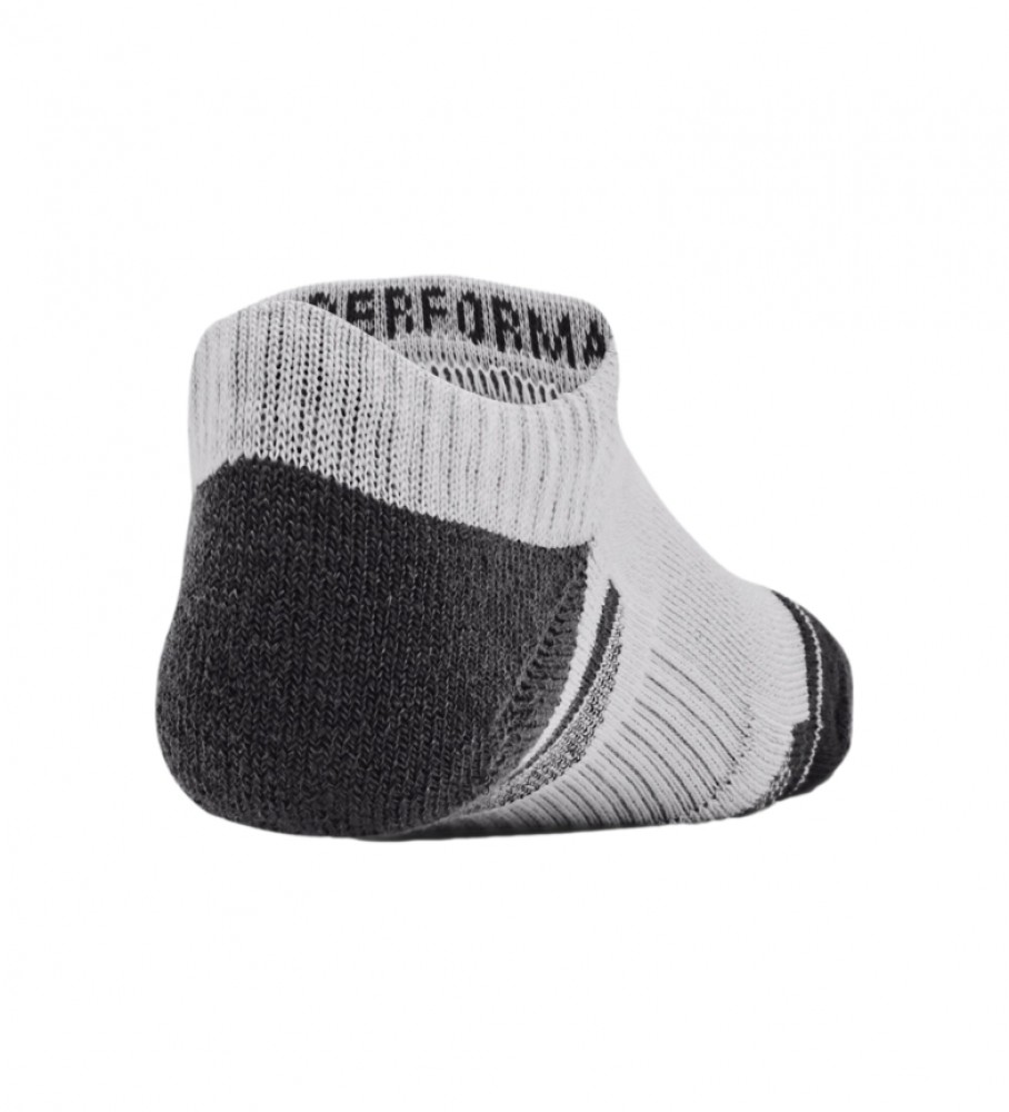 Conjunto de 3 pares de meias Under Armour UA Performance Tech, nas cores cinza, branca e preta.