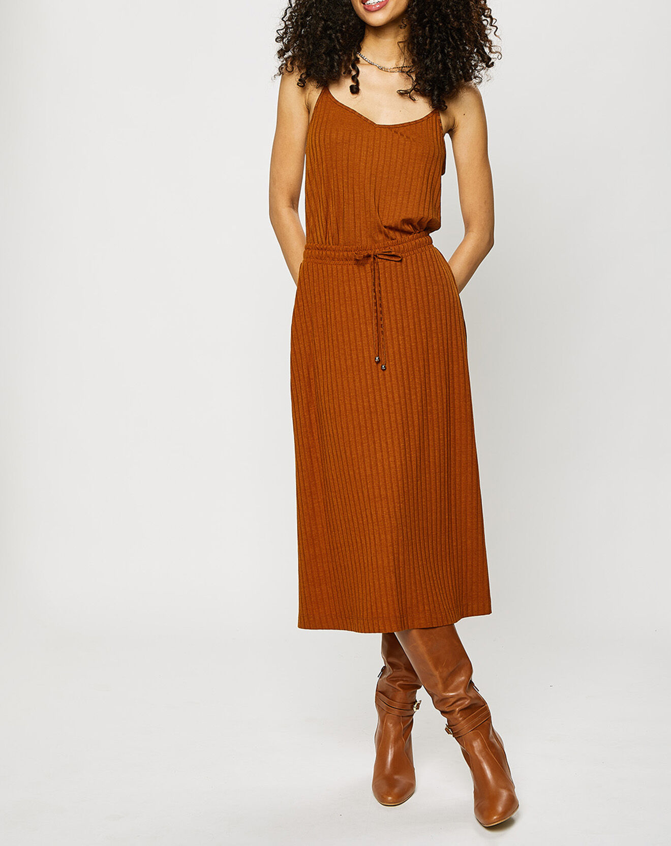 Esprit Jupe midi fluide taille élastique marron clair