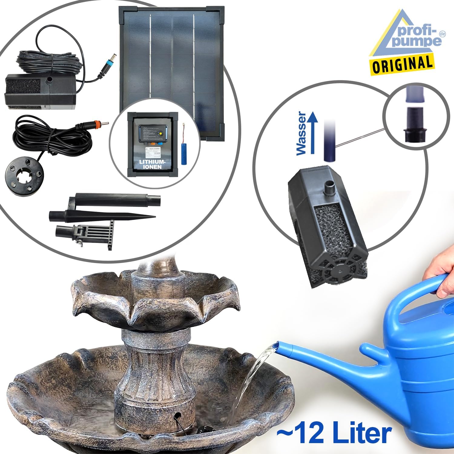 Solar Gartenbrunnen Brunnen Solarbrunnen Klassik-Garten Zierbrunnen Wasserfall Gartenleuchte Teichpumpe für Terrasse, Balkon, verbessertes Modell mit Pumpen-instant-Start-Funktion