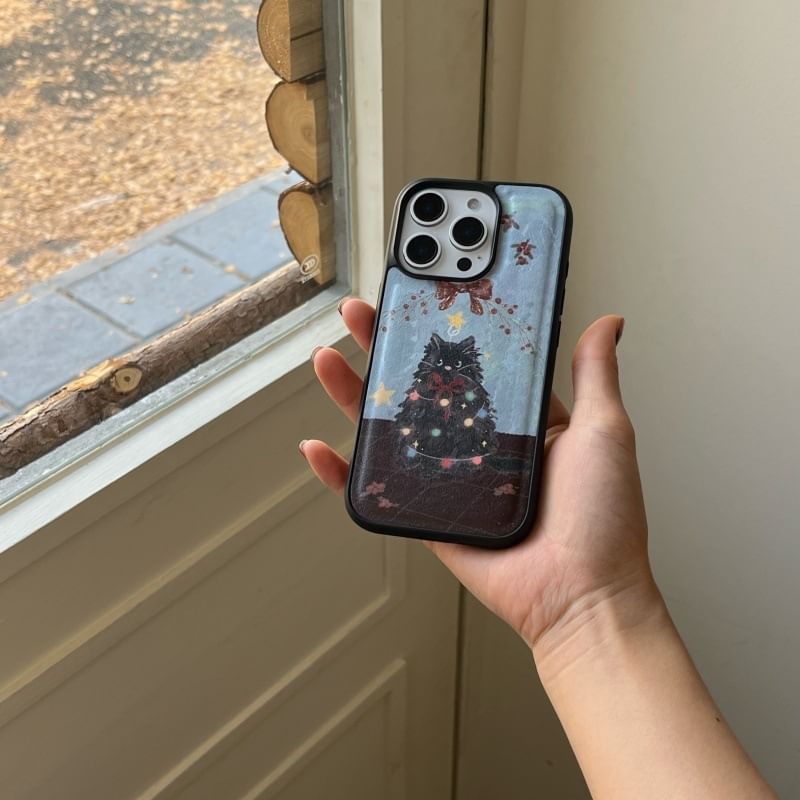 Fonekase - Kerstmis Kat Kunstleren Telefoonhoesje - iPhone 16 Pro Max / 16 Pro / 16 Plus / 16 / 15 Pro Max / 15 Pro / 15 Plus / 15 / 14 Pro Max / 14 Pro / 14 Plus / 14 / 13 Pro Max / 13 Pro / 13 / 13 Mini