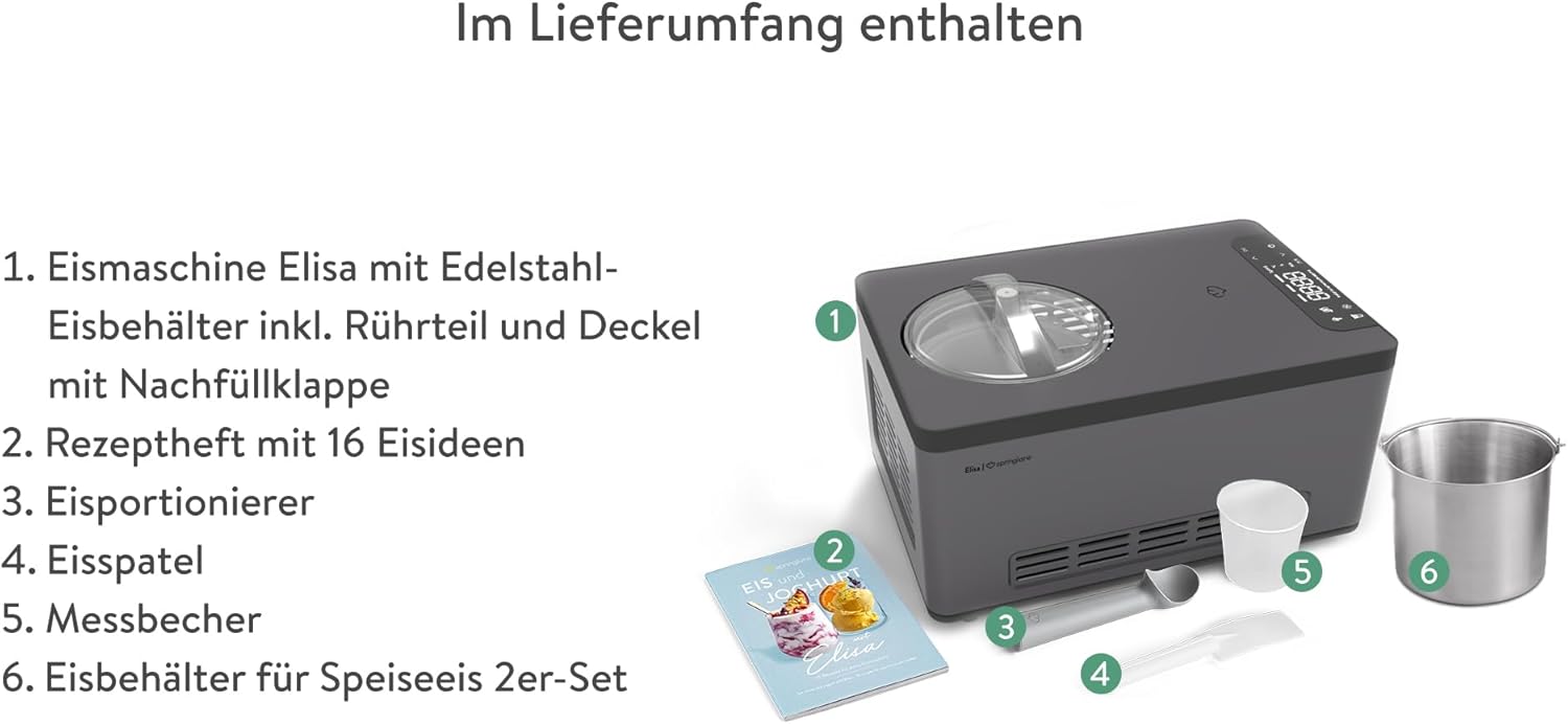 SPRINGLANE Eismaschine & Joghurtbereiter Elisa 2,0 L mit selbstkühlendem Kompressor 220 W, aus Edelstahl mit Kühl- und Heizfunktion (Elisa Anthrazit, Eismaschine + Zusatzbehälter Edelstahl)